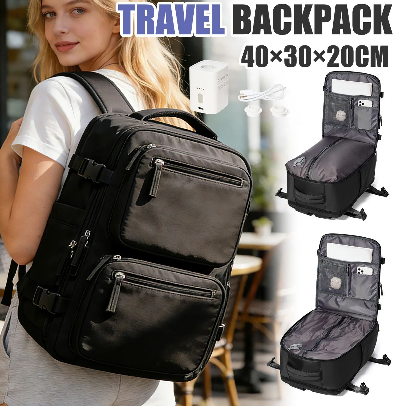 Drone Backpack - 女性用バックパック ポンプ付き真空バックパック 機内持ち込み荷物 40x30x20 ライアンエア ウィズエア